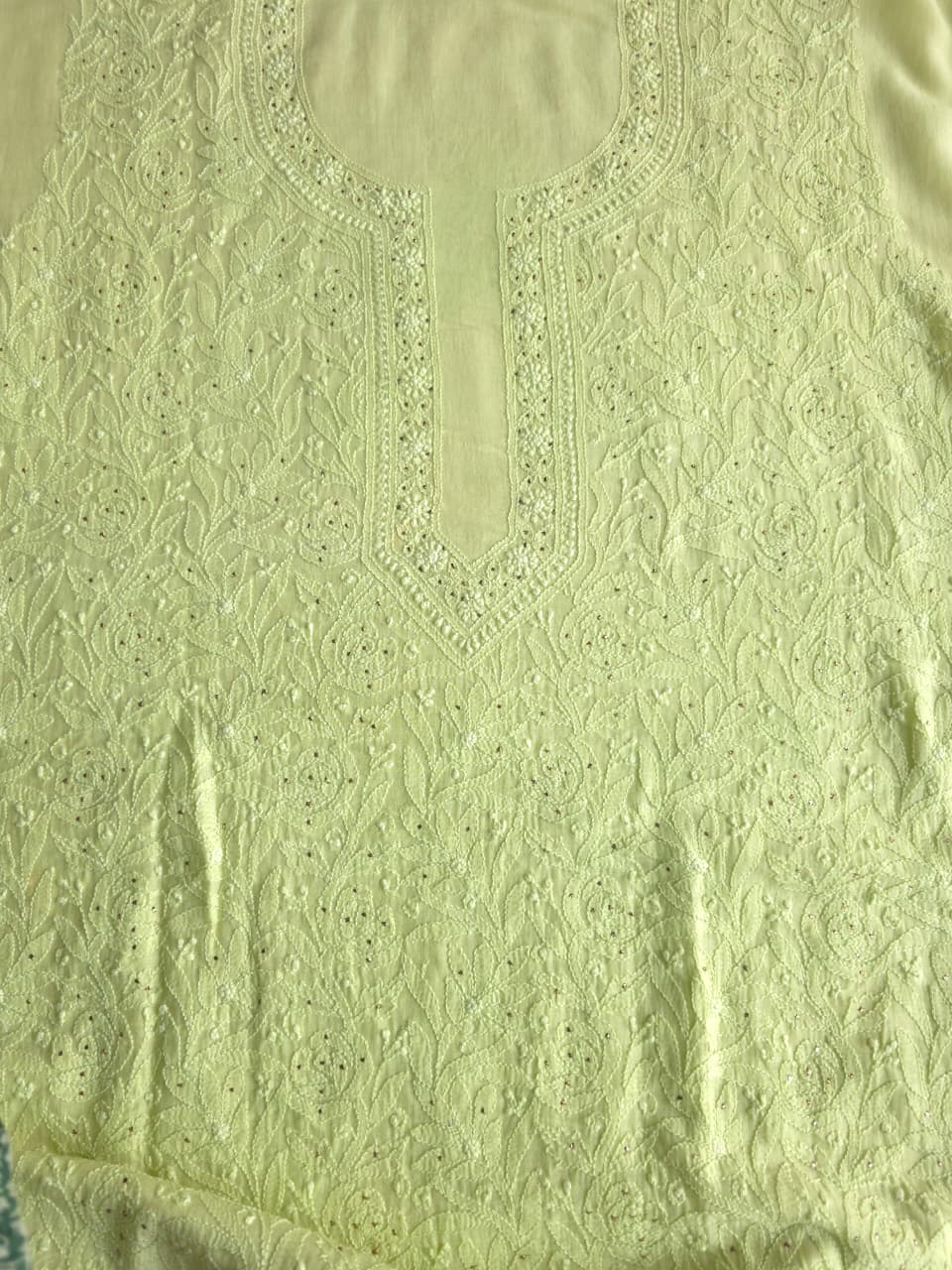 Lime Green Mul chanderi unstitched kurta dupatta with chikan mukaish
