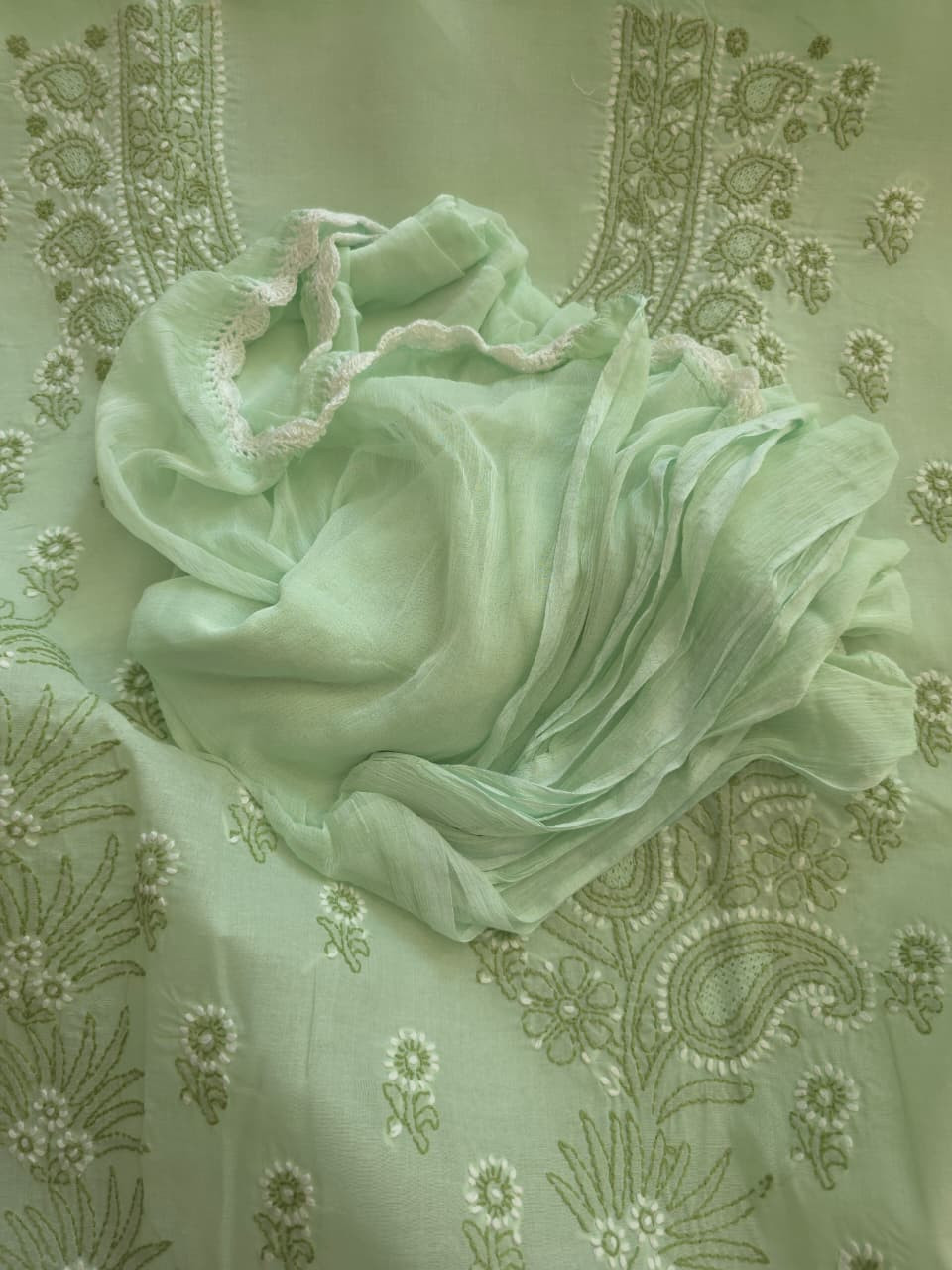 Sage Green Cotton Full suit with Dual tone Chikankari