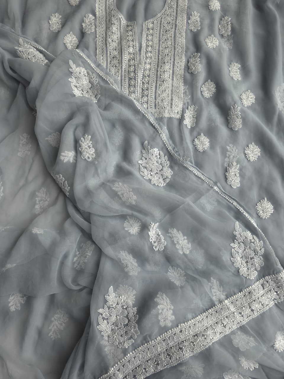 Grey Color Goergette Unstitched full set with beautiful dupatta