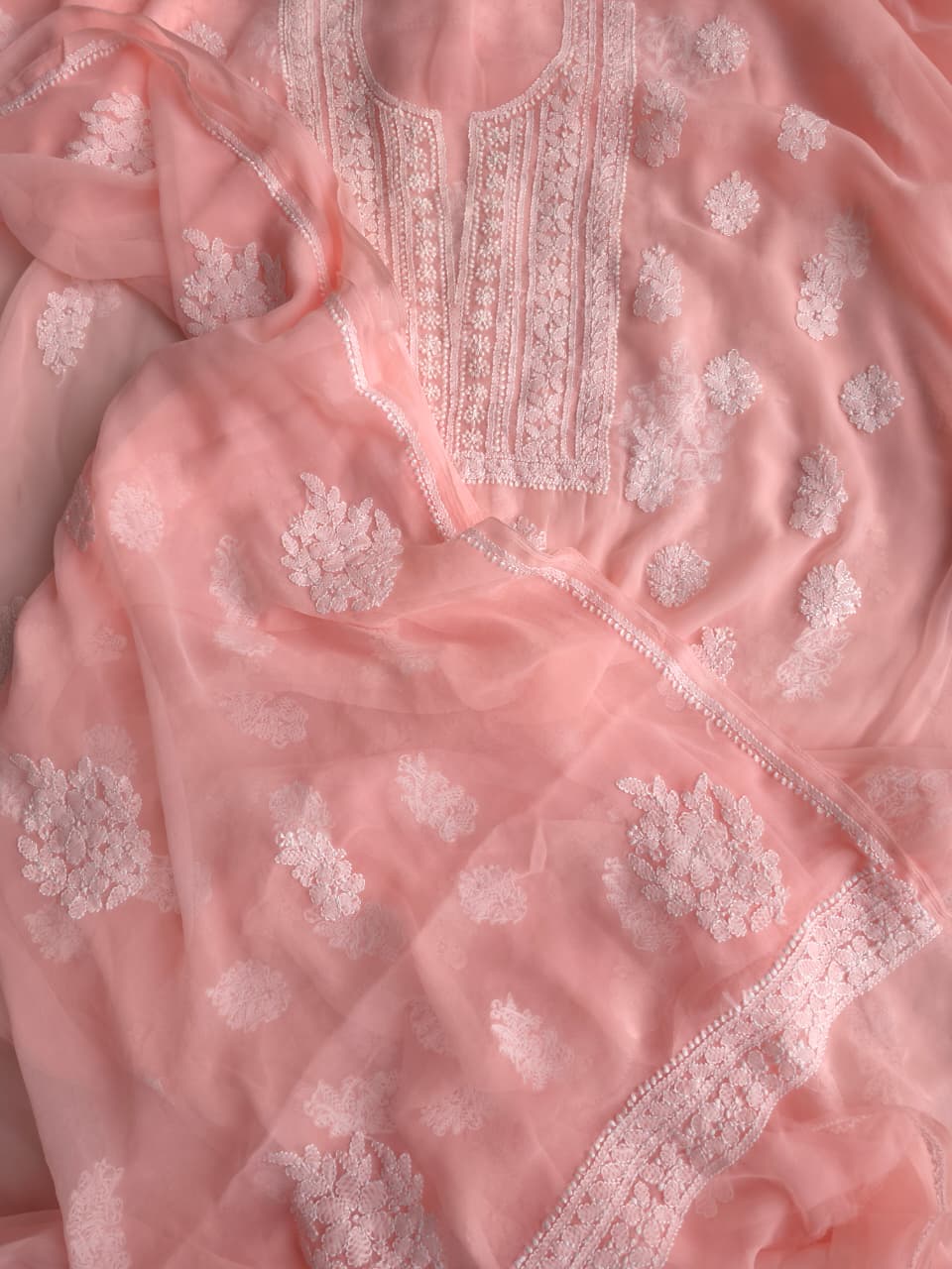 Peachish pink Georgette Unstitched set with beautiful dupatta