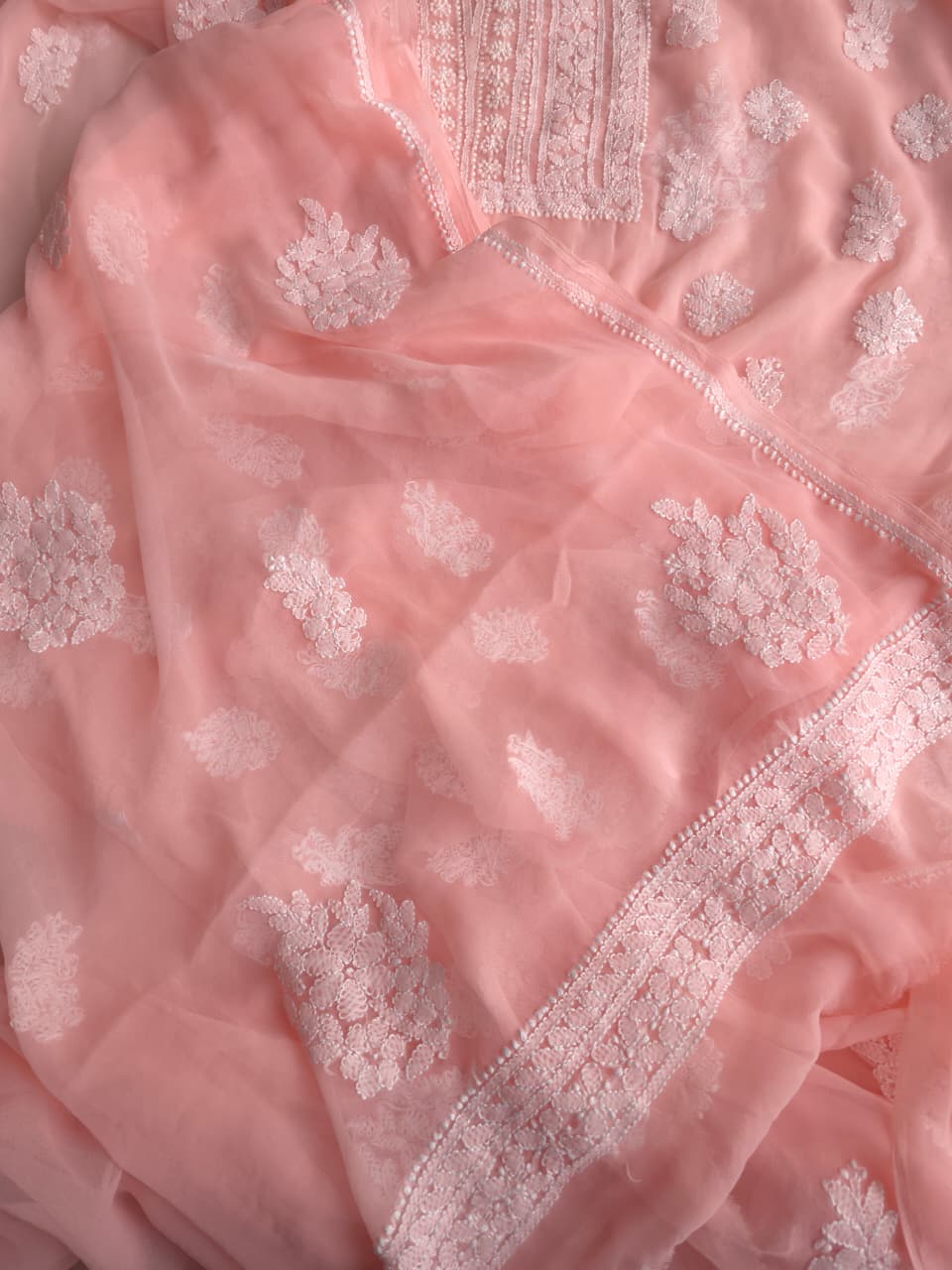 Peachish pink Georgette Unstitched set with beautiful dupatta