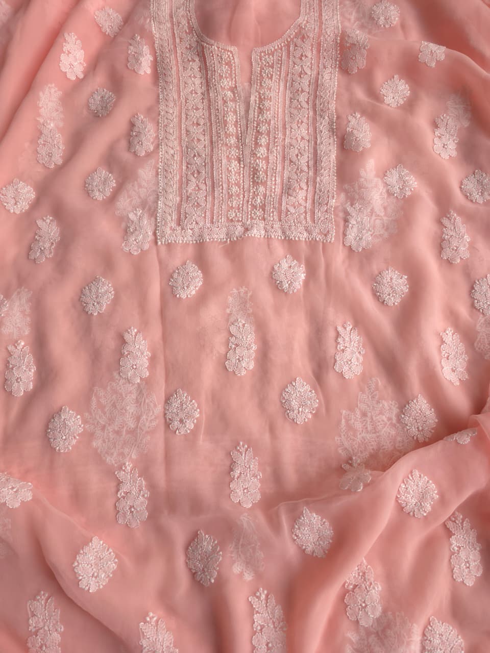 Peachish pink Georgette Unstitched set with beautiful dupatta