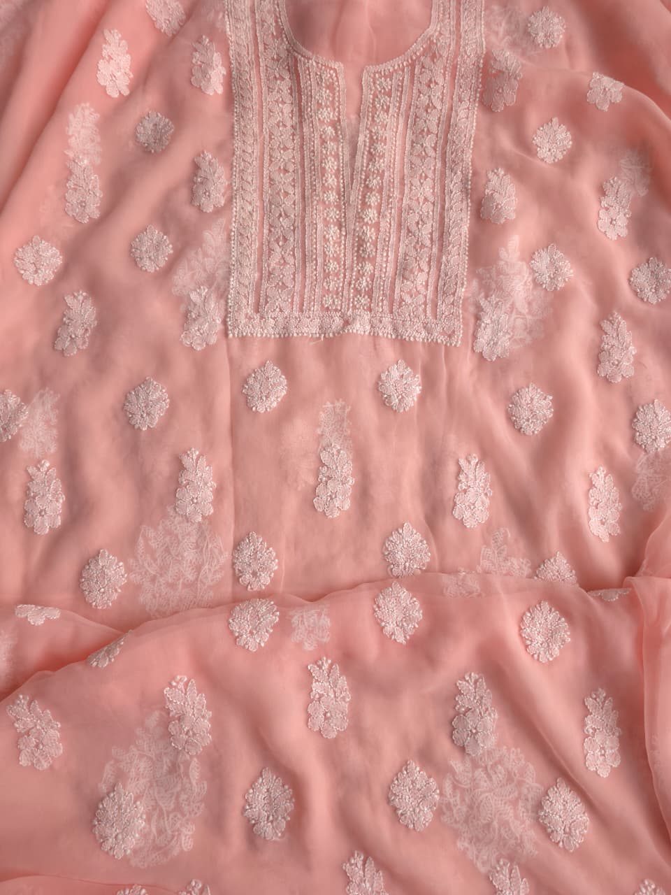 Peachish pink Georgette Unstitched set with beautiful dupatta