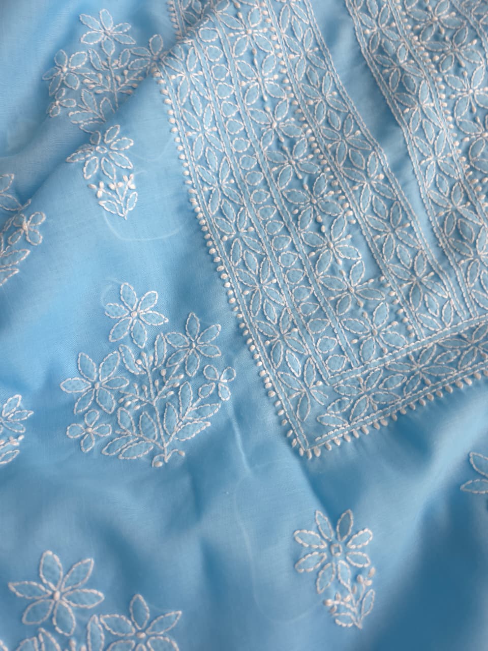 Blue soft cotton full suit with chikankari and cotton dupatta