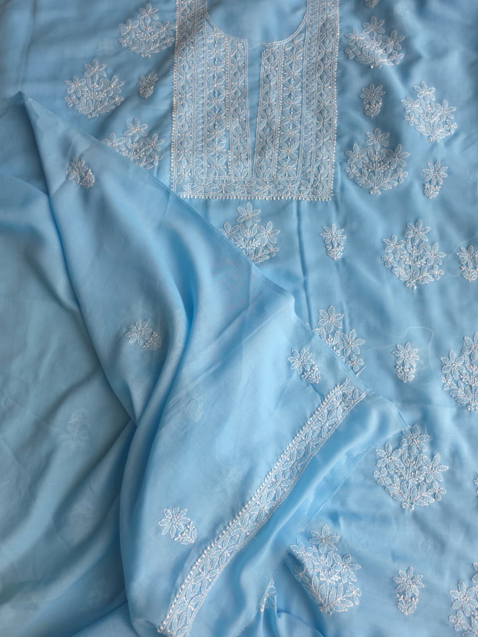 Blue soft cotton full suit with chikankari and cotton dupatta