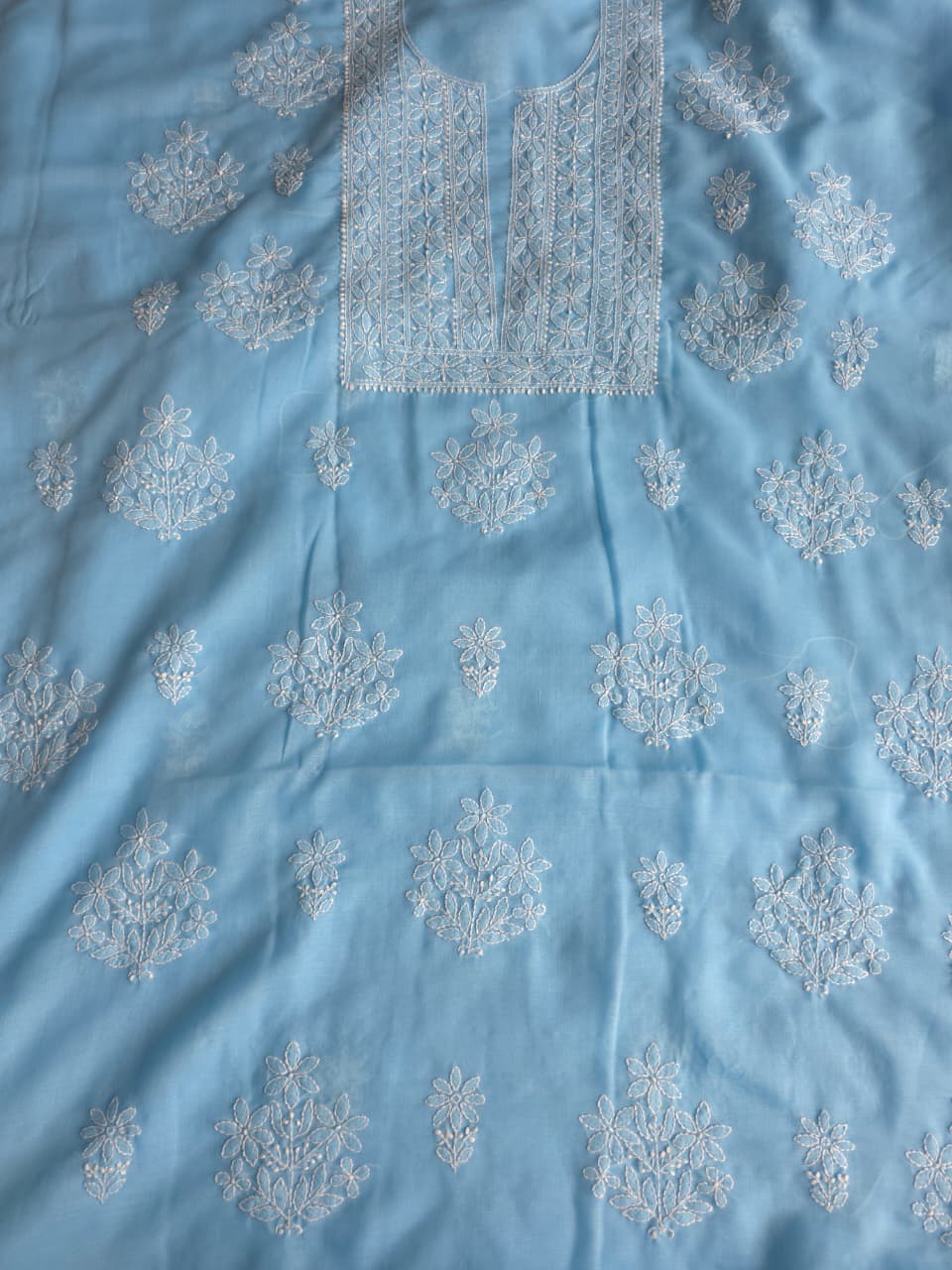 Blue soft cotton full suit with chikankari and cotton dupatta