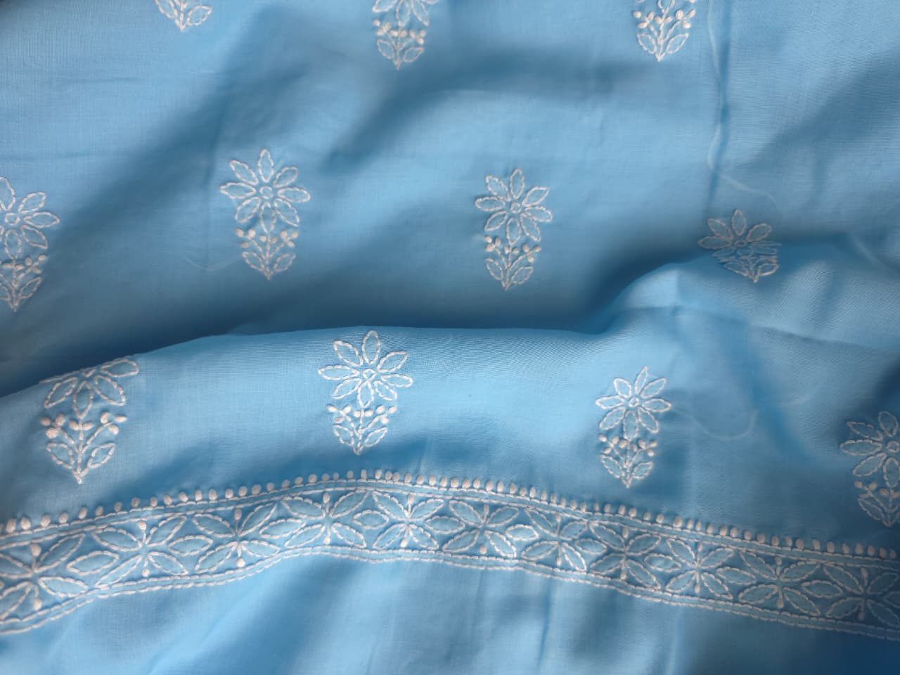 Blue soft cotton full suit with chikankari and cotton dupatta