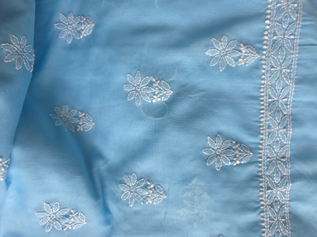 Blue soft cotton full suit with chikankari and cotton dupatta