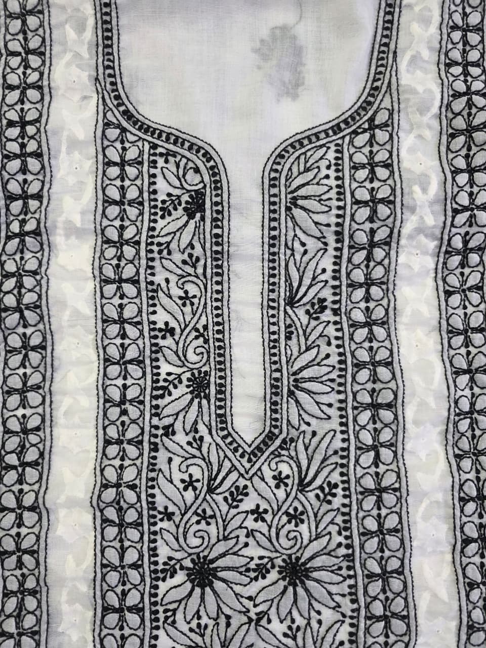 white cotton kurta fabric with Black chikankari and daraz