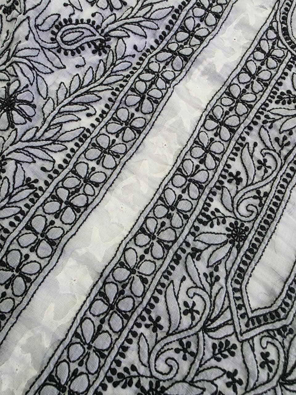 white cotton kurta fabric with Black chikankari and daraz