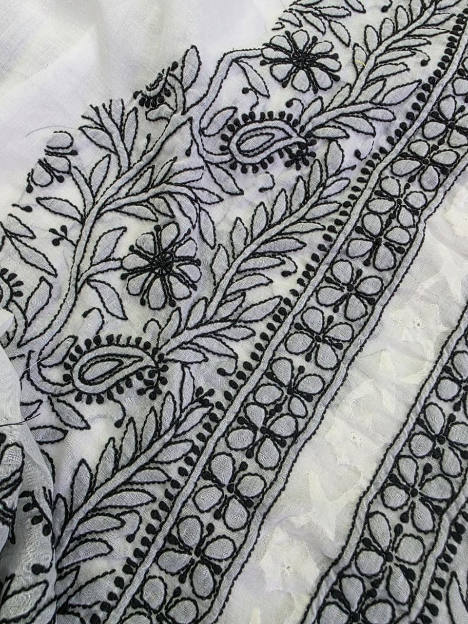 white cotton kurta fabric with Black chikankari and daraz