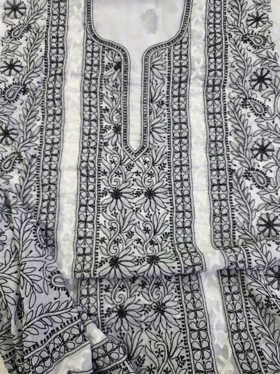 white cotton kurta fabric with Black chikankari and daraz