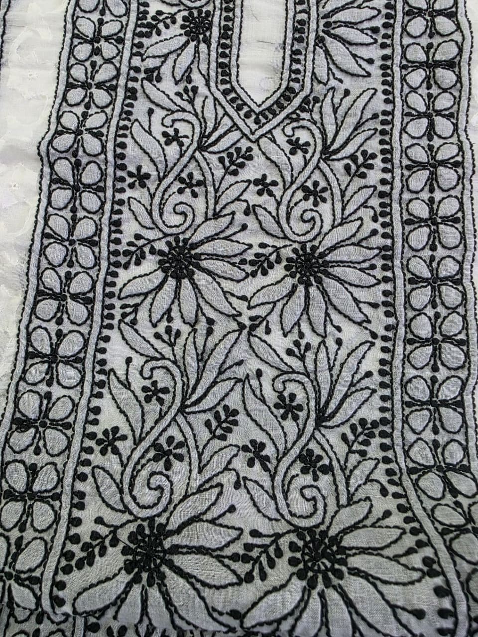 white cotton kurta fabric with Black chikankari and daraz