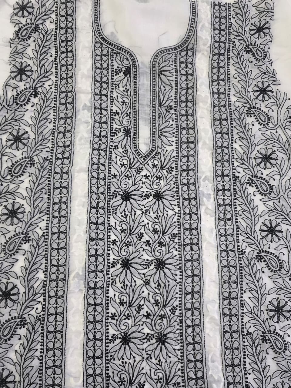 white cotton kurta fabric with Black chikankari and daraz