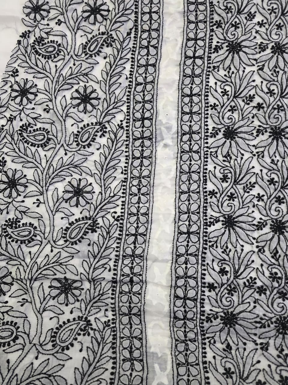 white cotton kurta fabric with Black chikankari and daraz