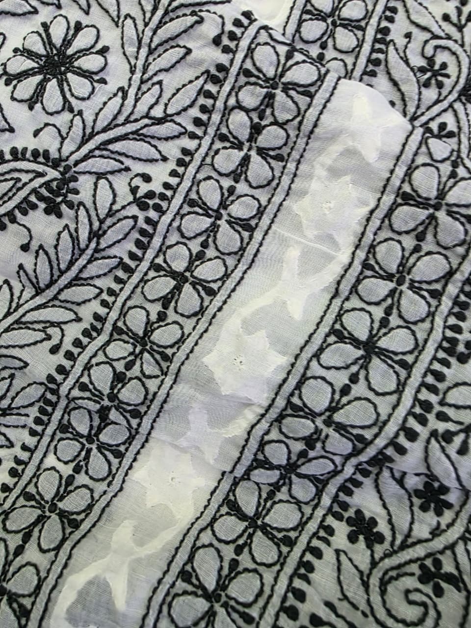 white cotton kurta fabric with Black chikankari and daraz