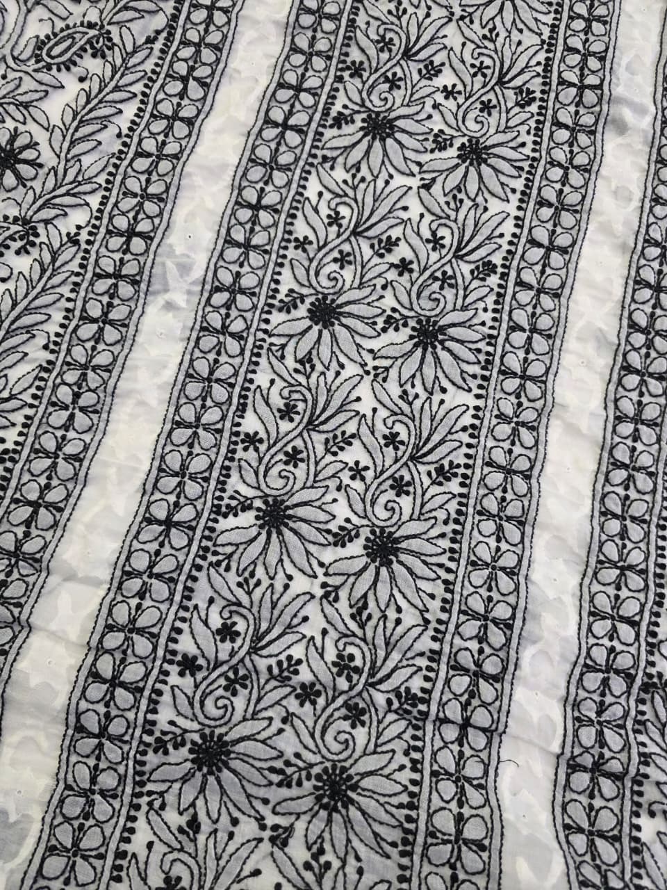white cotton kurta fabric with Black chikankari and daraz