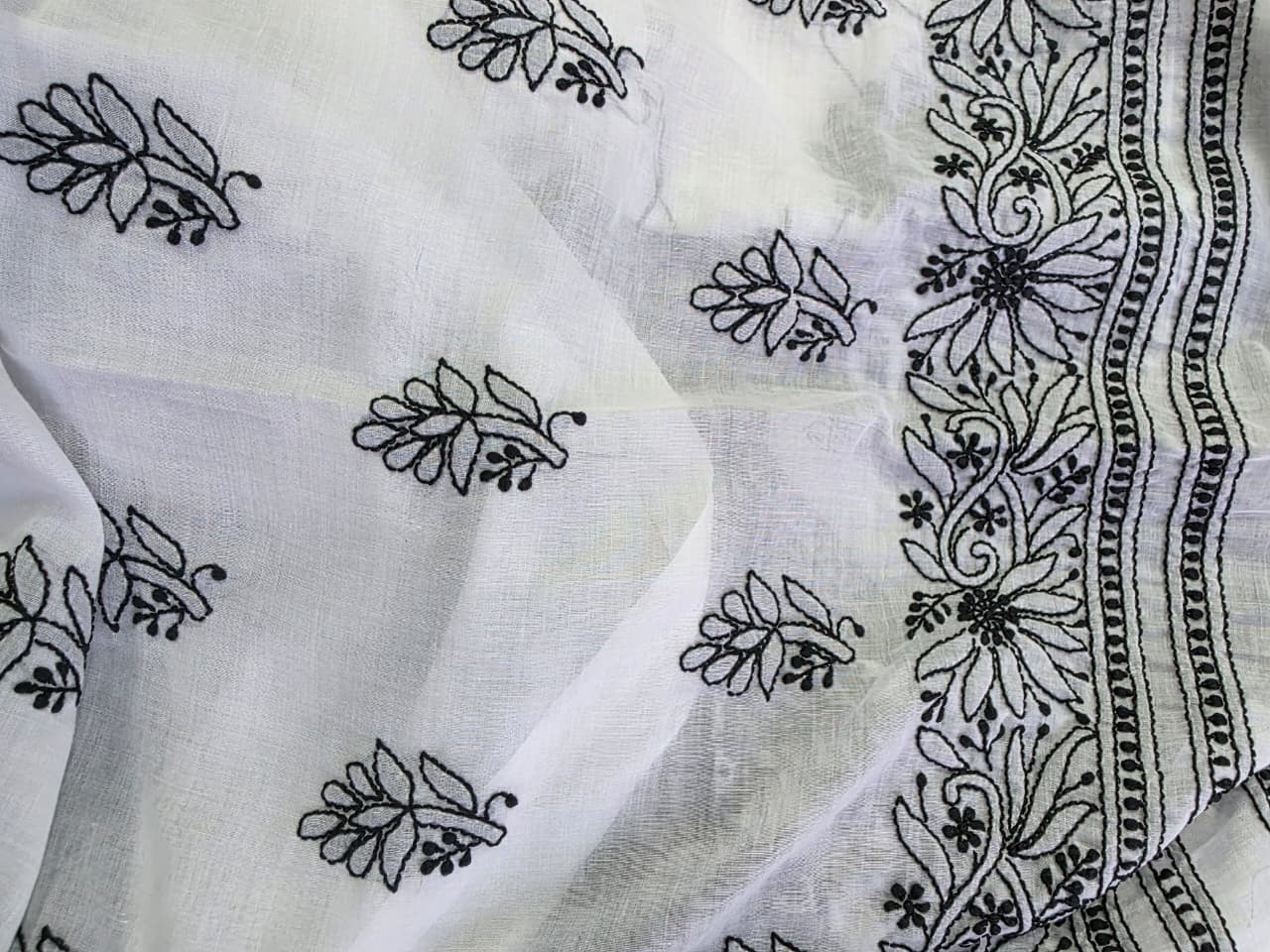 white cotton kurta fabric with Black chikankari and daraz