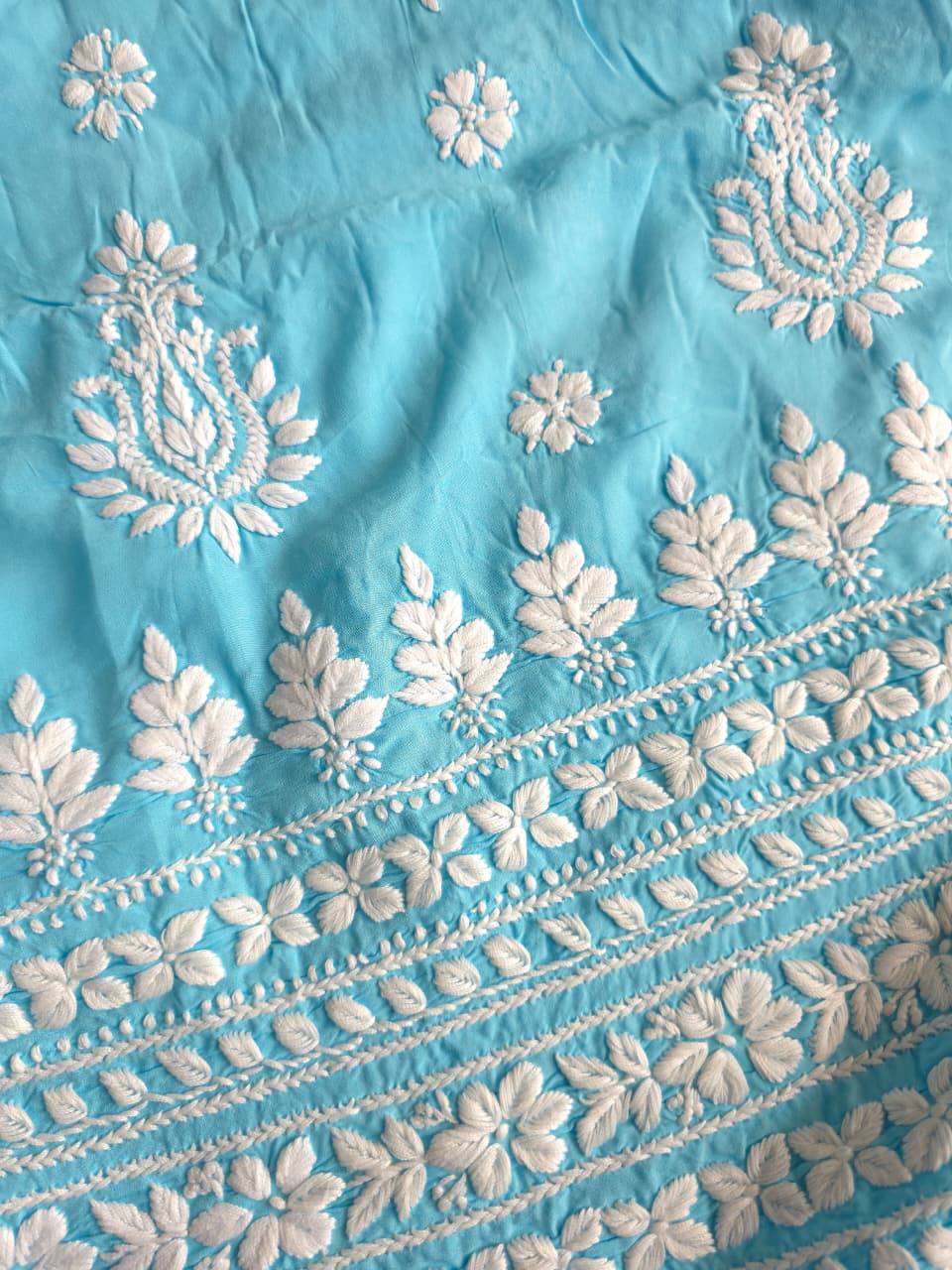 Firozi Blue Modal kurta fabric with chikankari