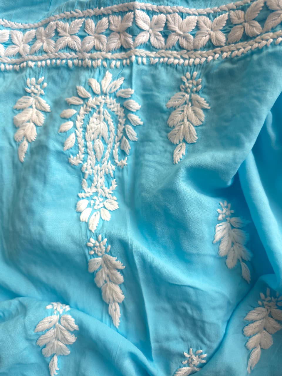 Firozi Blue Modal kurta fabric with chikankari