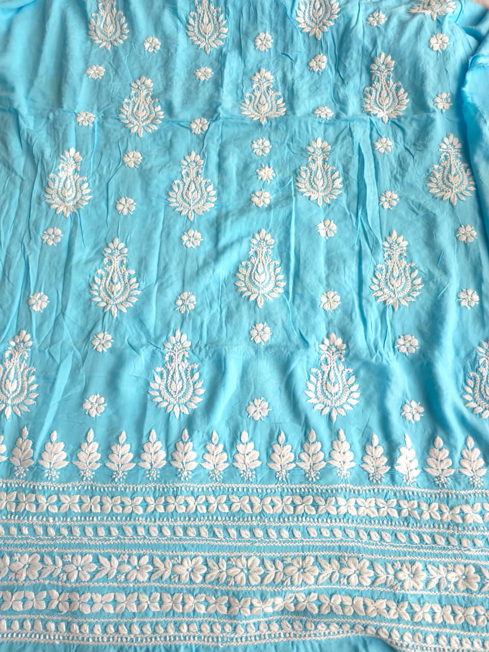 Firozi Blue Modal kurta fabric with chikankari