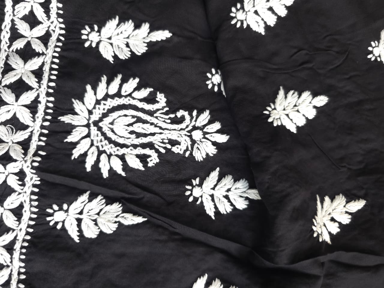Black Soft Modal Kurta Fabric with chikankari