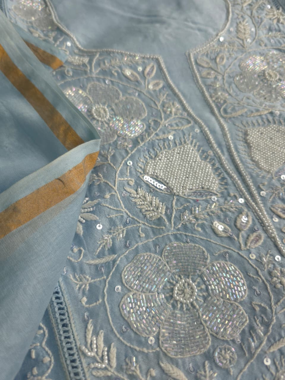 Powder Blue chanderi Silk Kurta dupatta with heavy embellishments
