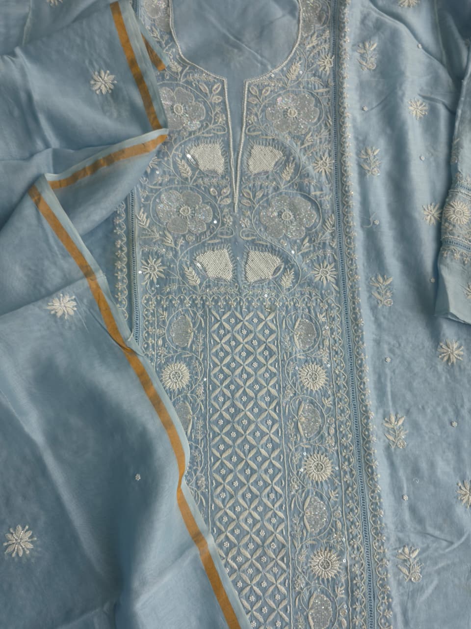 Powder Blue chanderi Silk Kurta dupatta with heavy embellishments