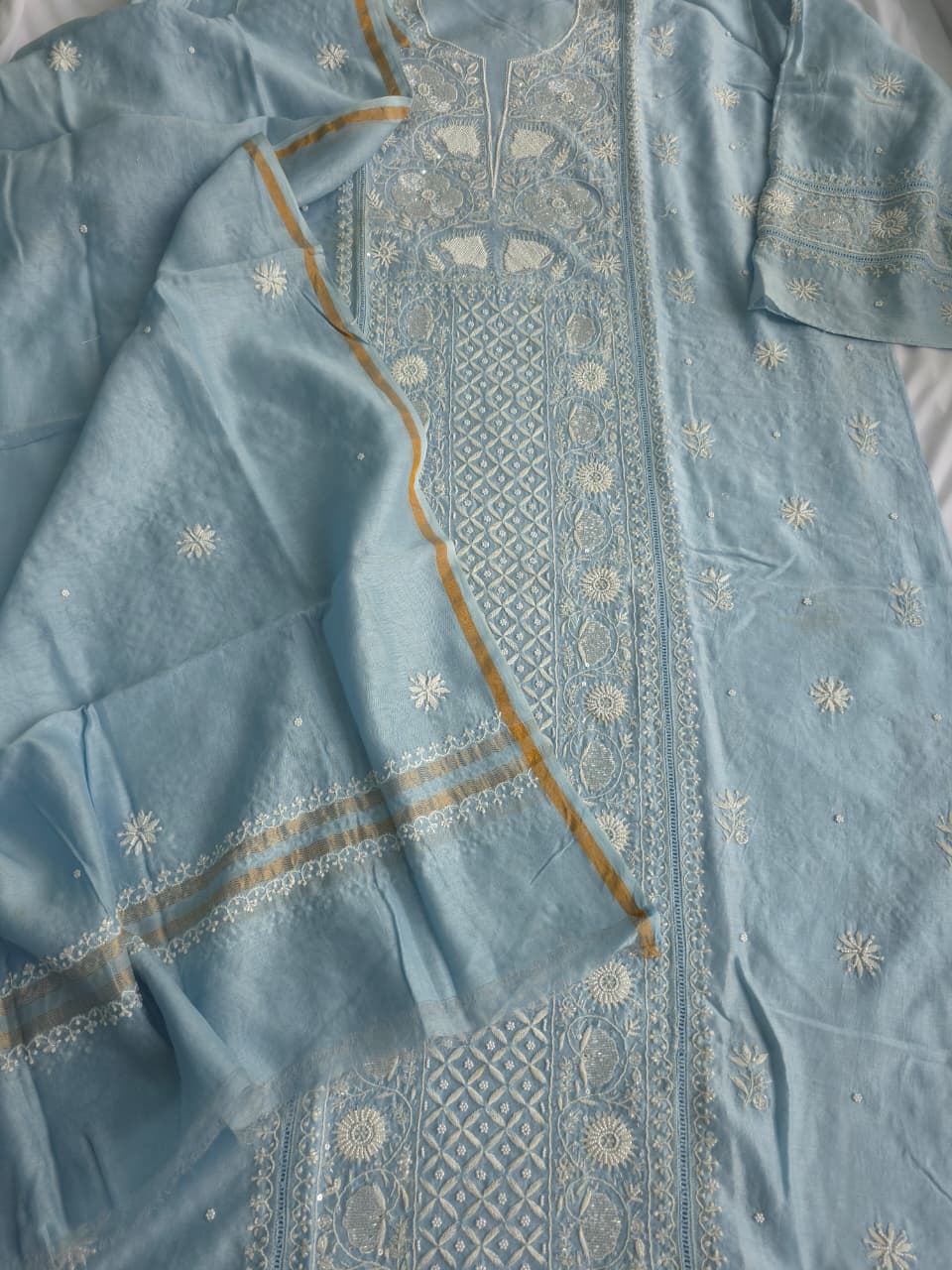 Powder Blue chanderi Silk Kurta dupatta with heavy embellishments