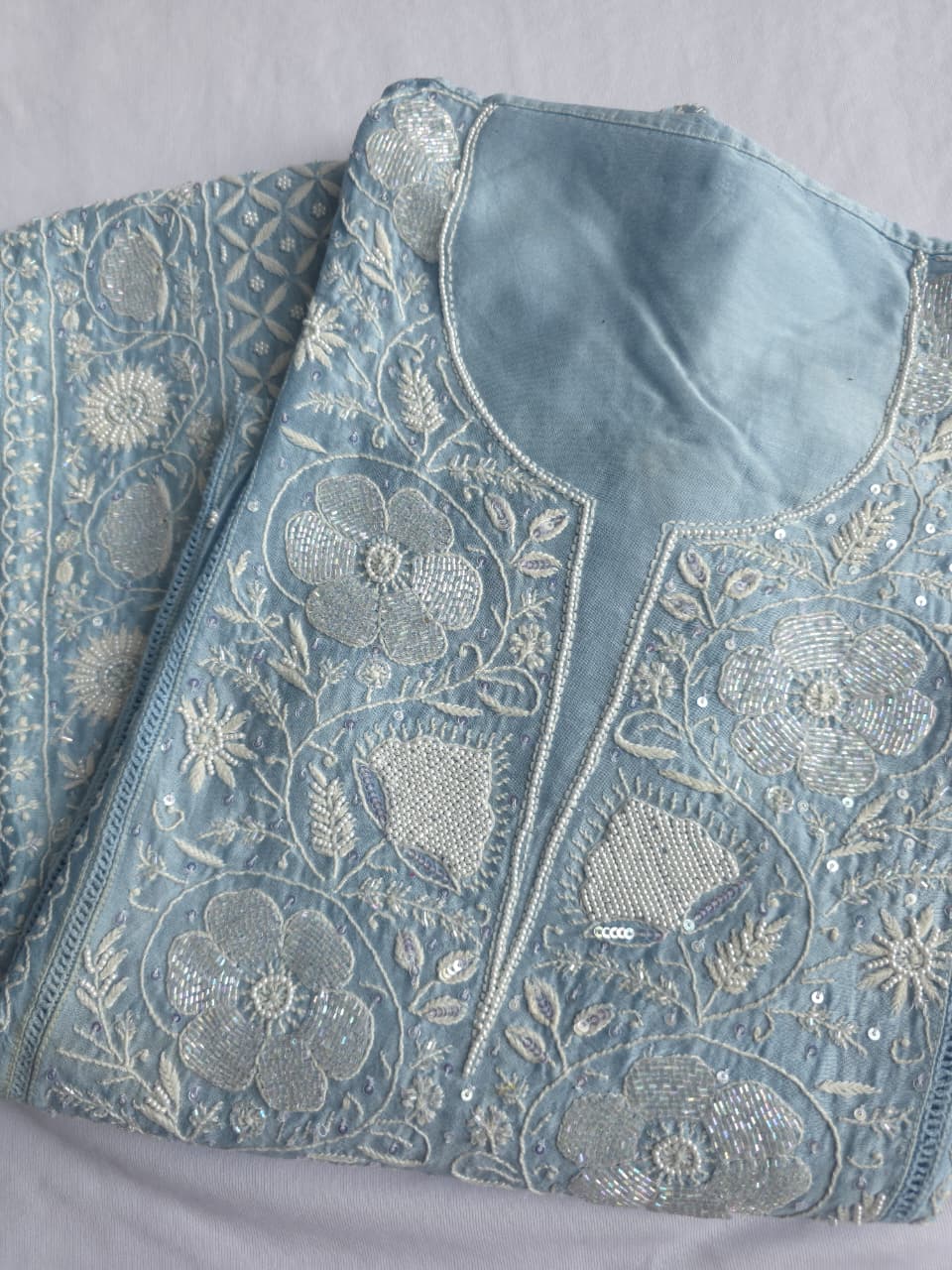 Powder Blue chanderi Silk Kurta dupatta with heavy embellishments