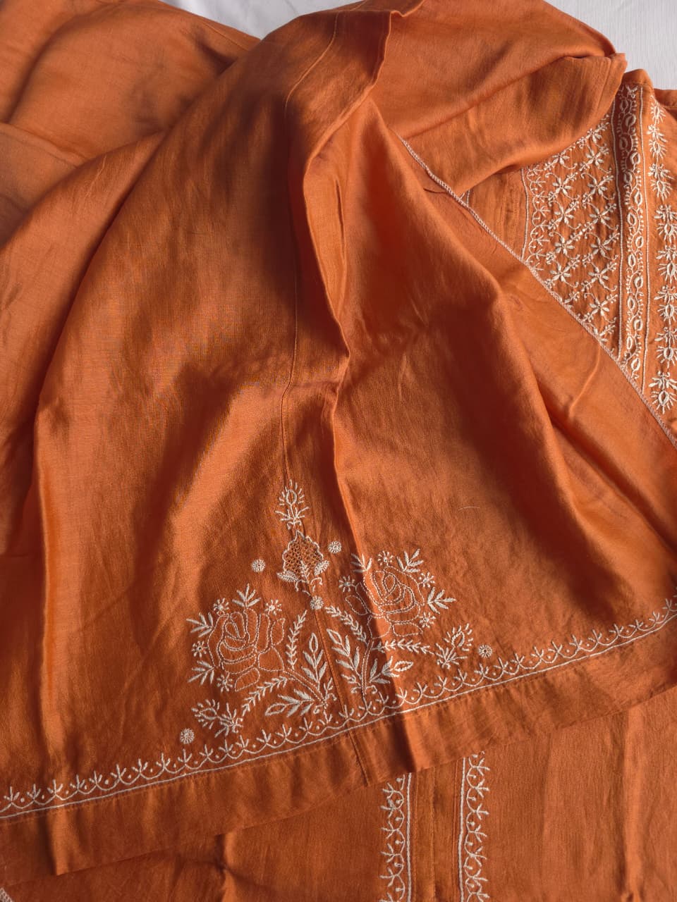 Soft Chanderi Silk semistithced co ord set with fine chikankari only