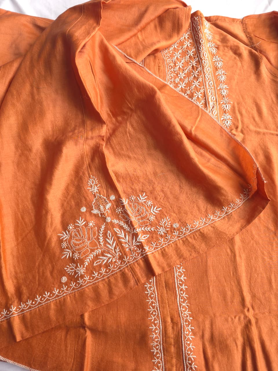 Soft Chanderi Silk semistithced co ord set with fine chikankari only