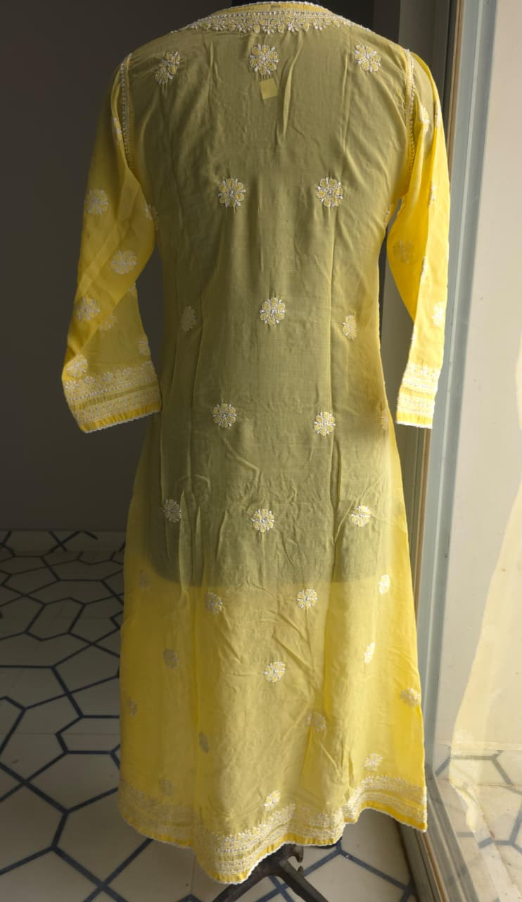 Yellow A line Soft cotton angarkha kurti with chikankari
