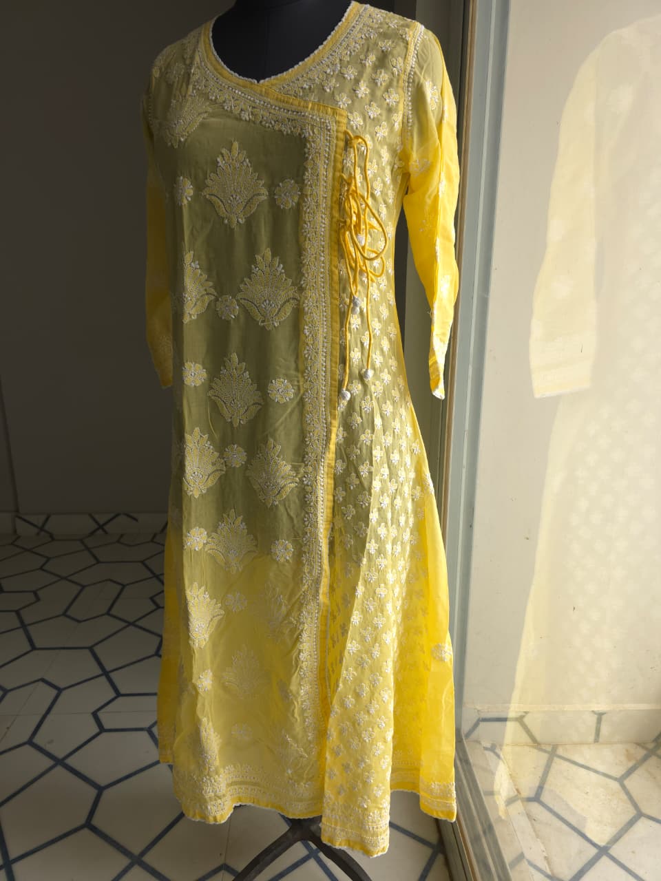 Yellow A line Soft cotton angarkha kurti with chikankari