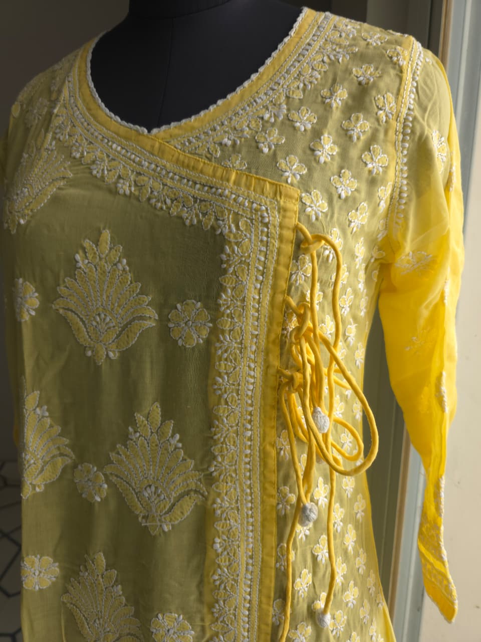 Yellow A line Soft cotton angarkha kurti with chikankari