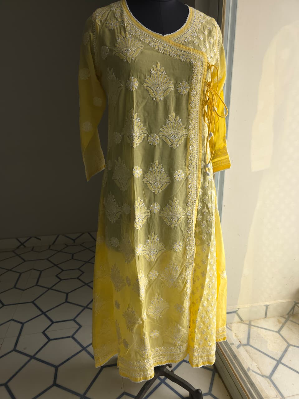 Yellow A line Soft cotton angarkha kurti with chikankari