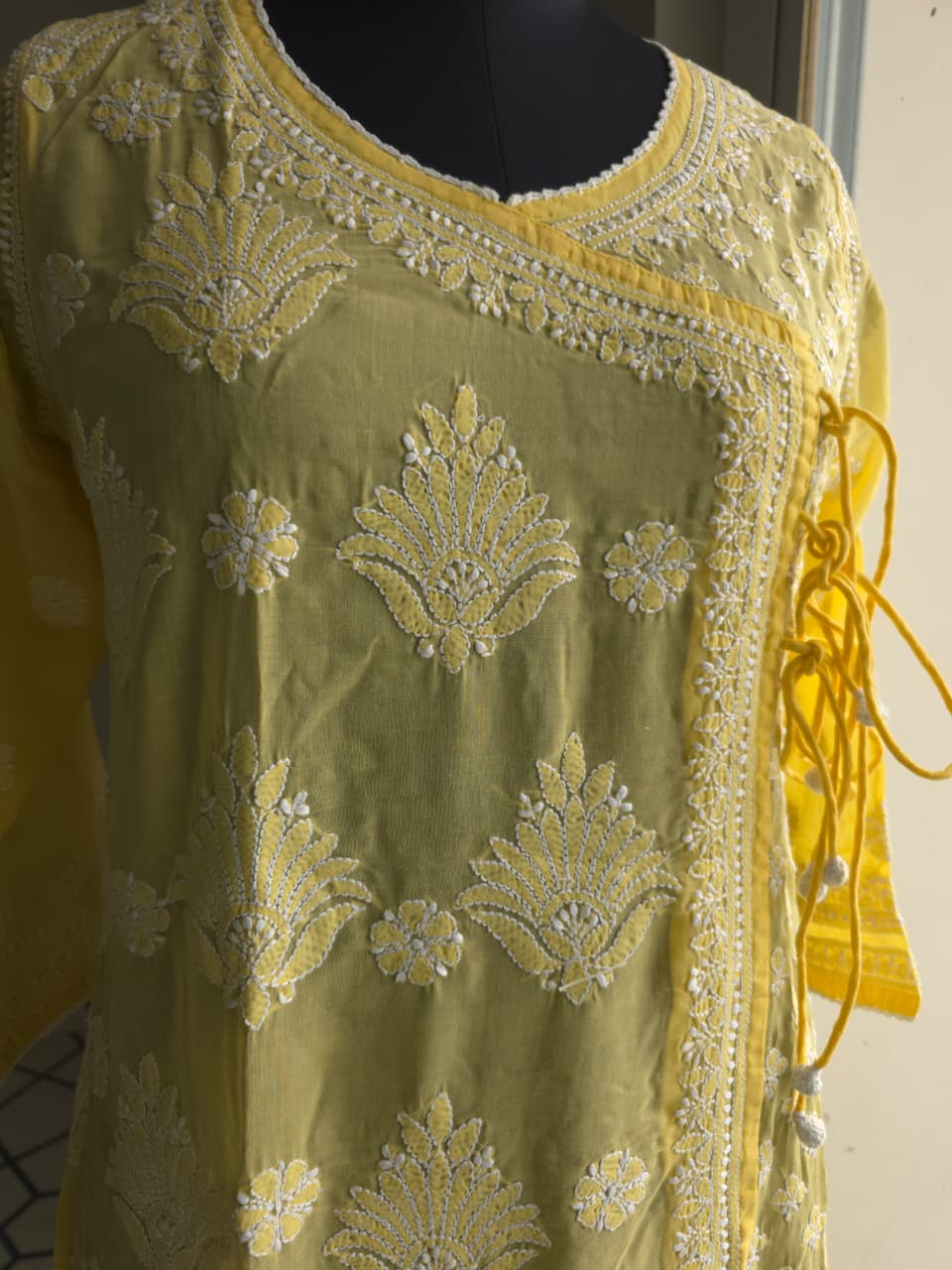 Yellow A line Soft cotton angarkha kurti with chikankari