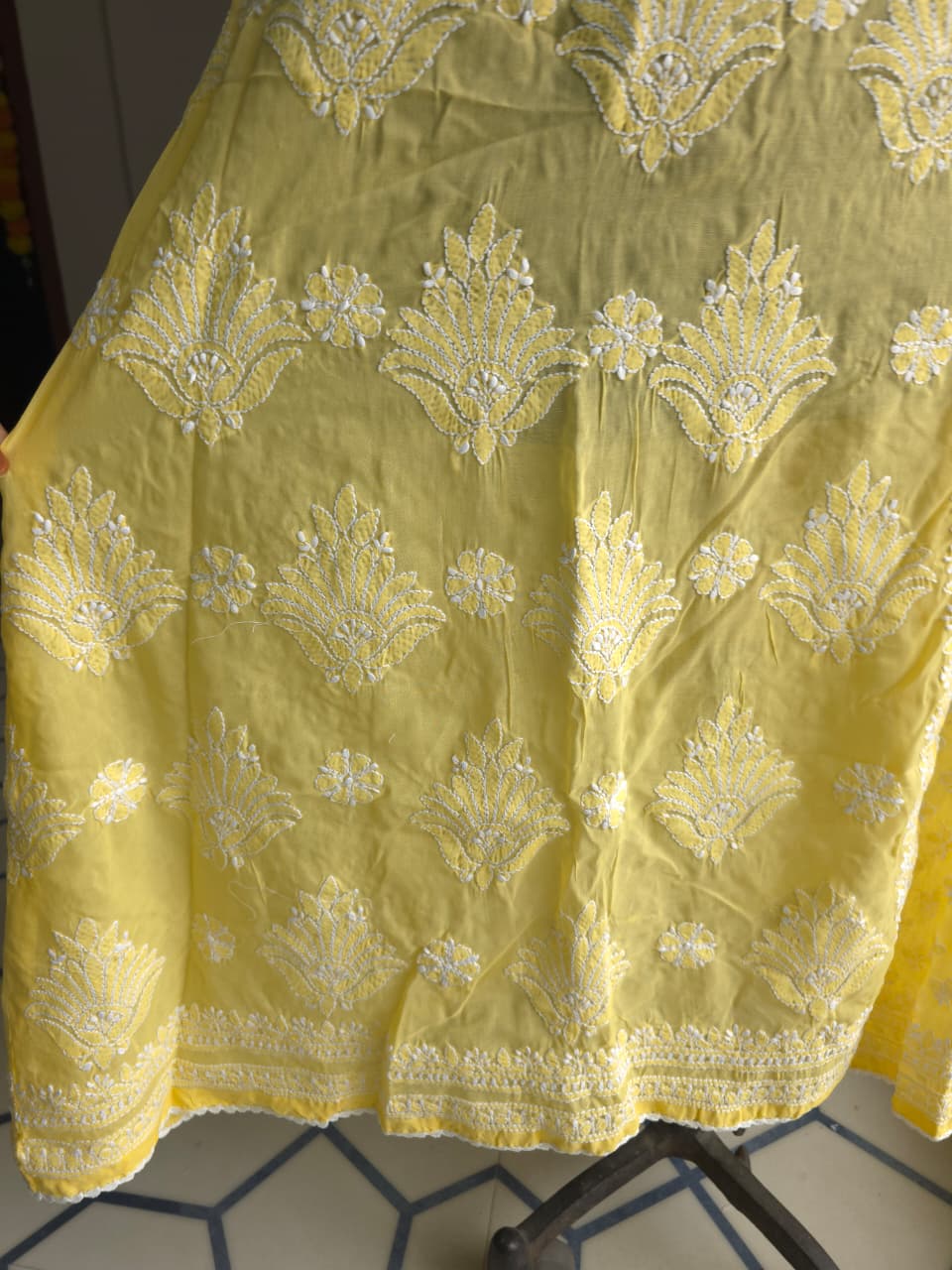 Yellow A line Soft cotton angarkha kurti with chikankari