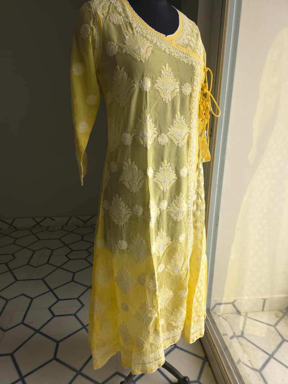Yellow A line Soft cotton angarkha kurti with chikankari