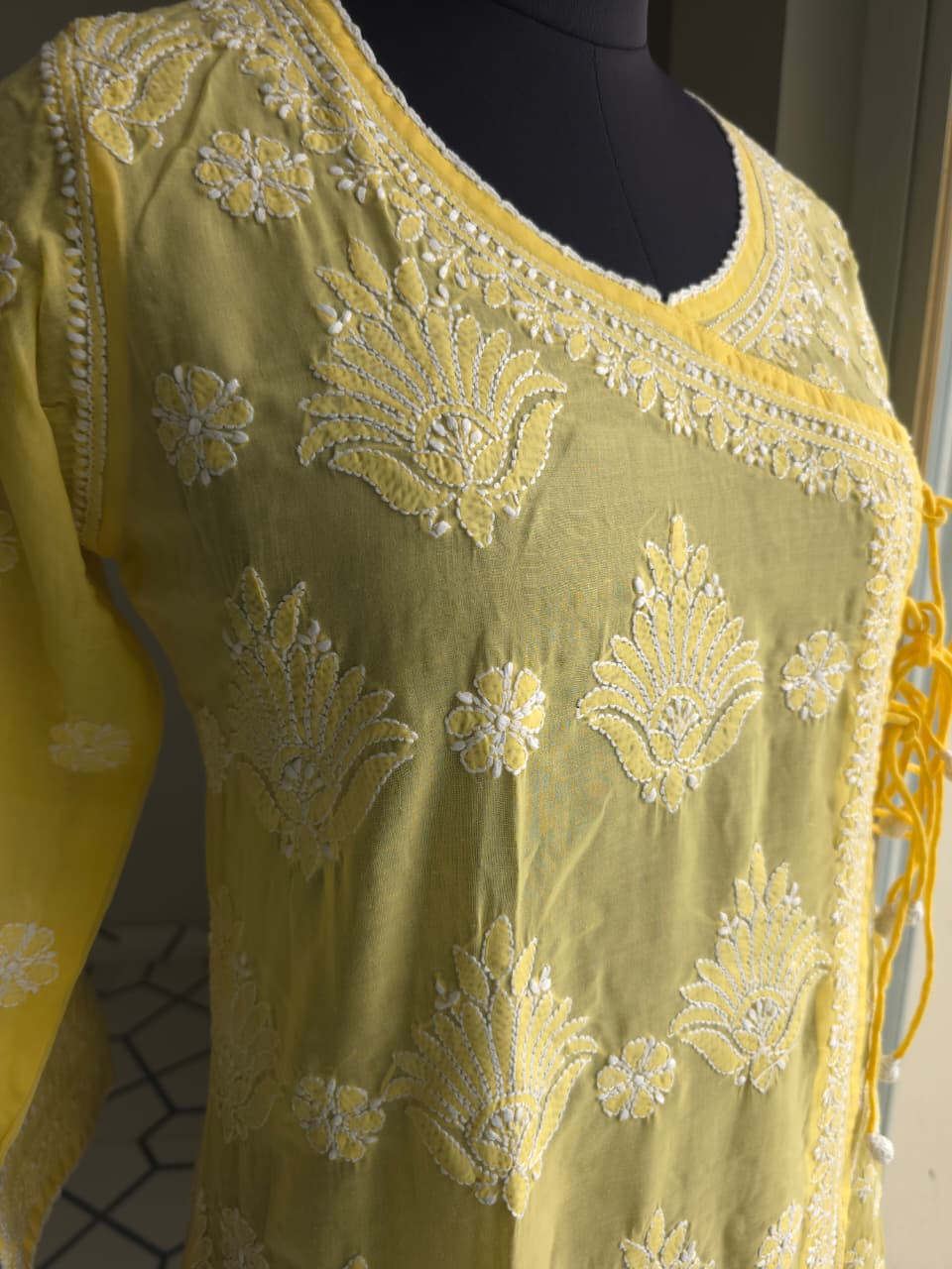 Yellow A line Soft cotton angarkha kurti with chikankari