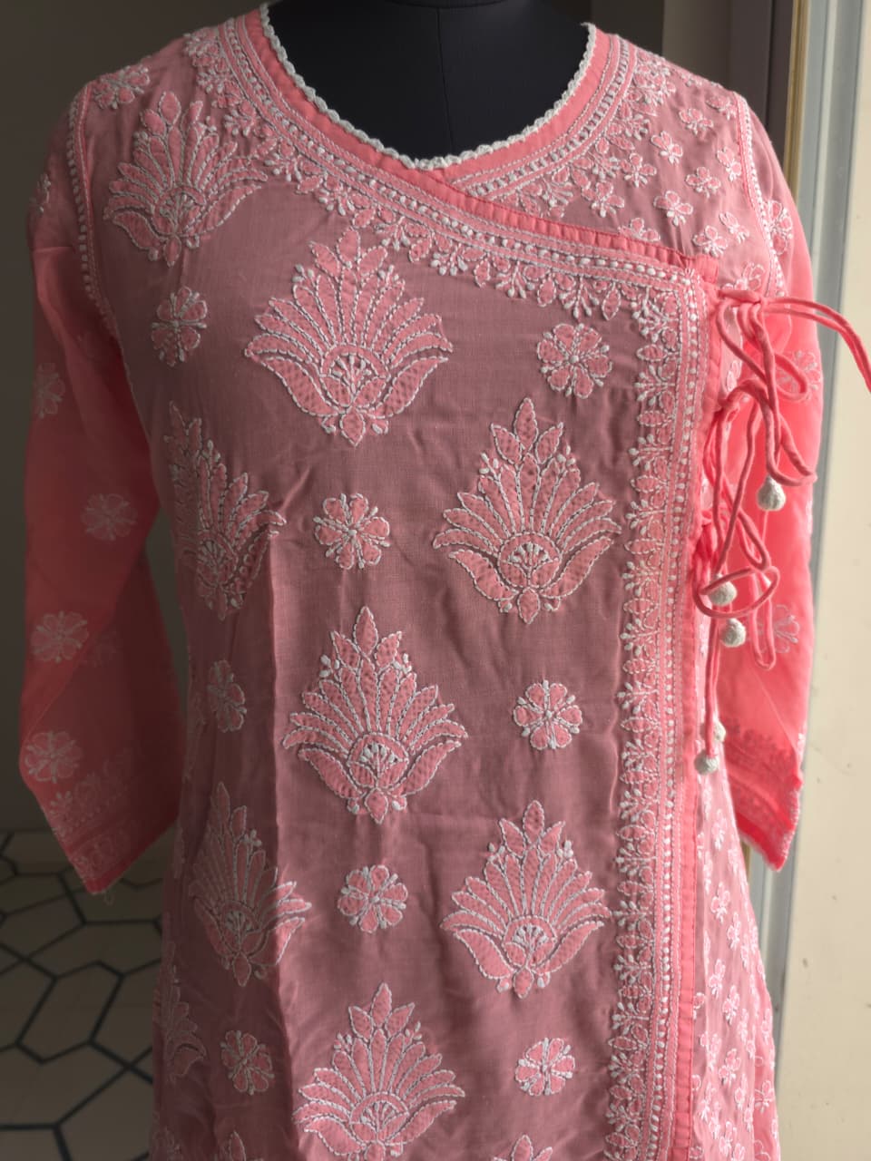 Carrot color A line soft cotton Angarkha with Chikankari