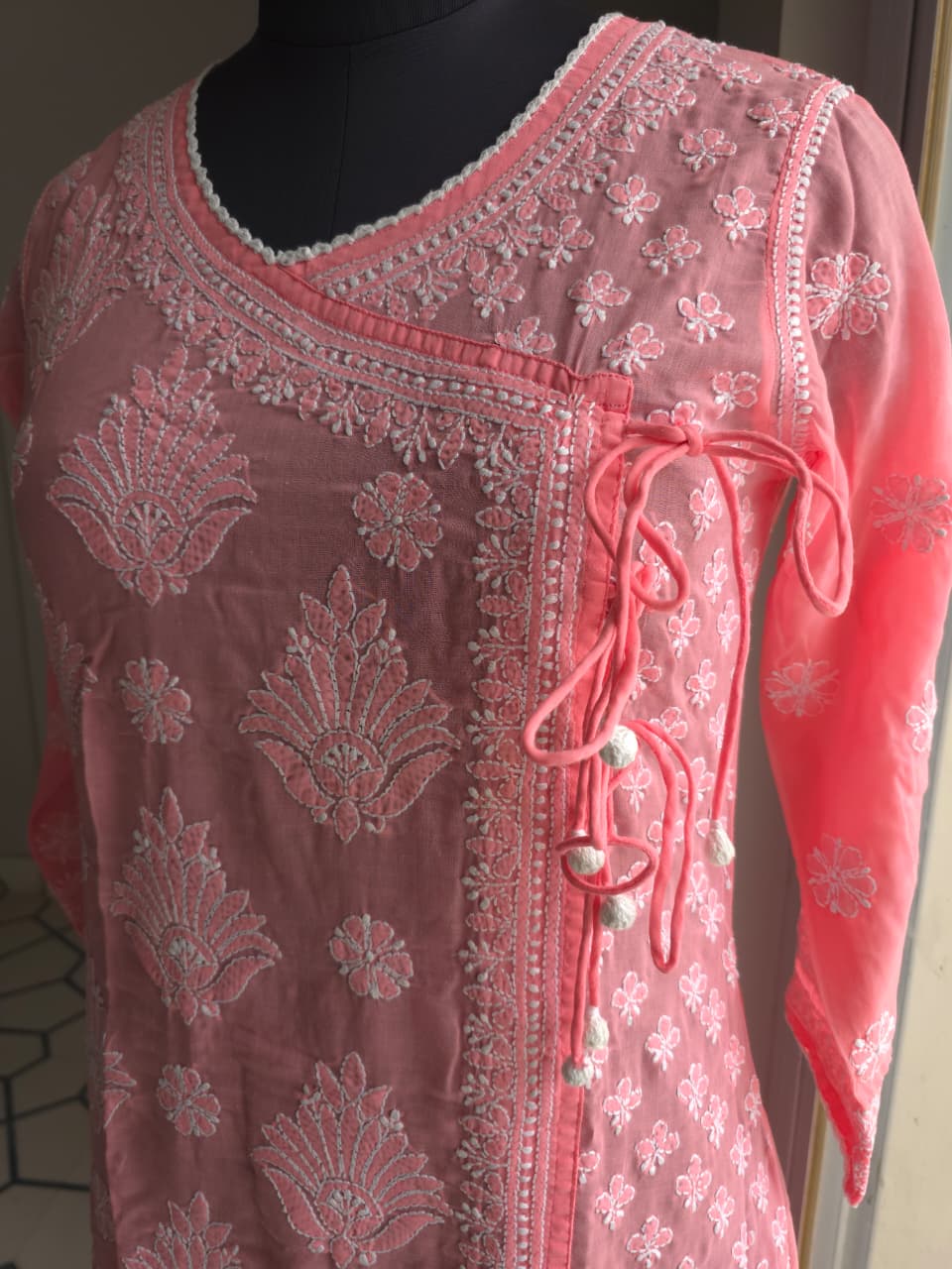 Carrot color A line soft cotton Angarkha with Chikankari