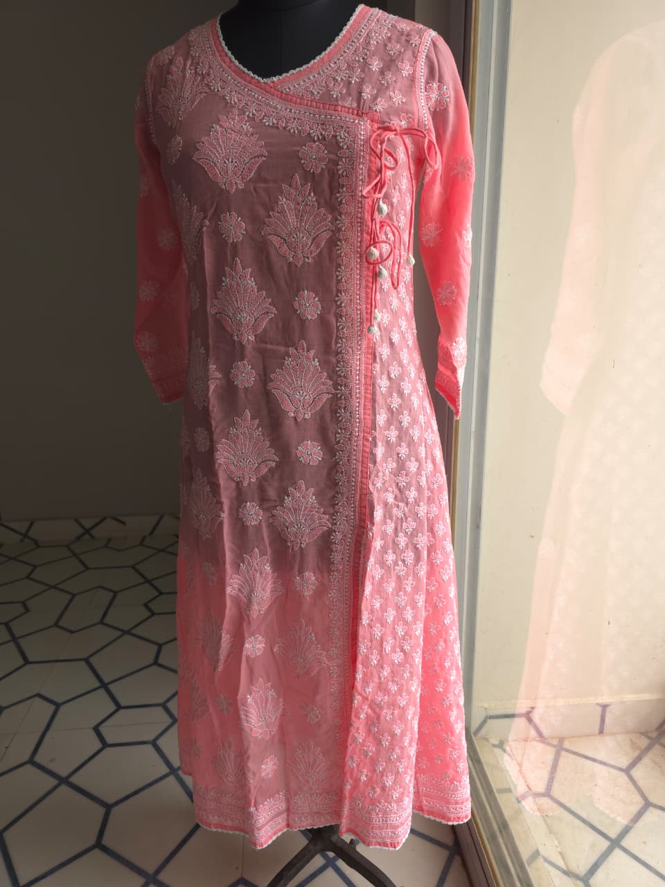 Carrot color A line soft cotton Angarkha with Chikankari