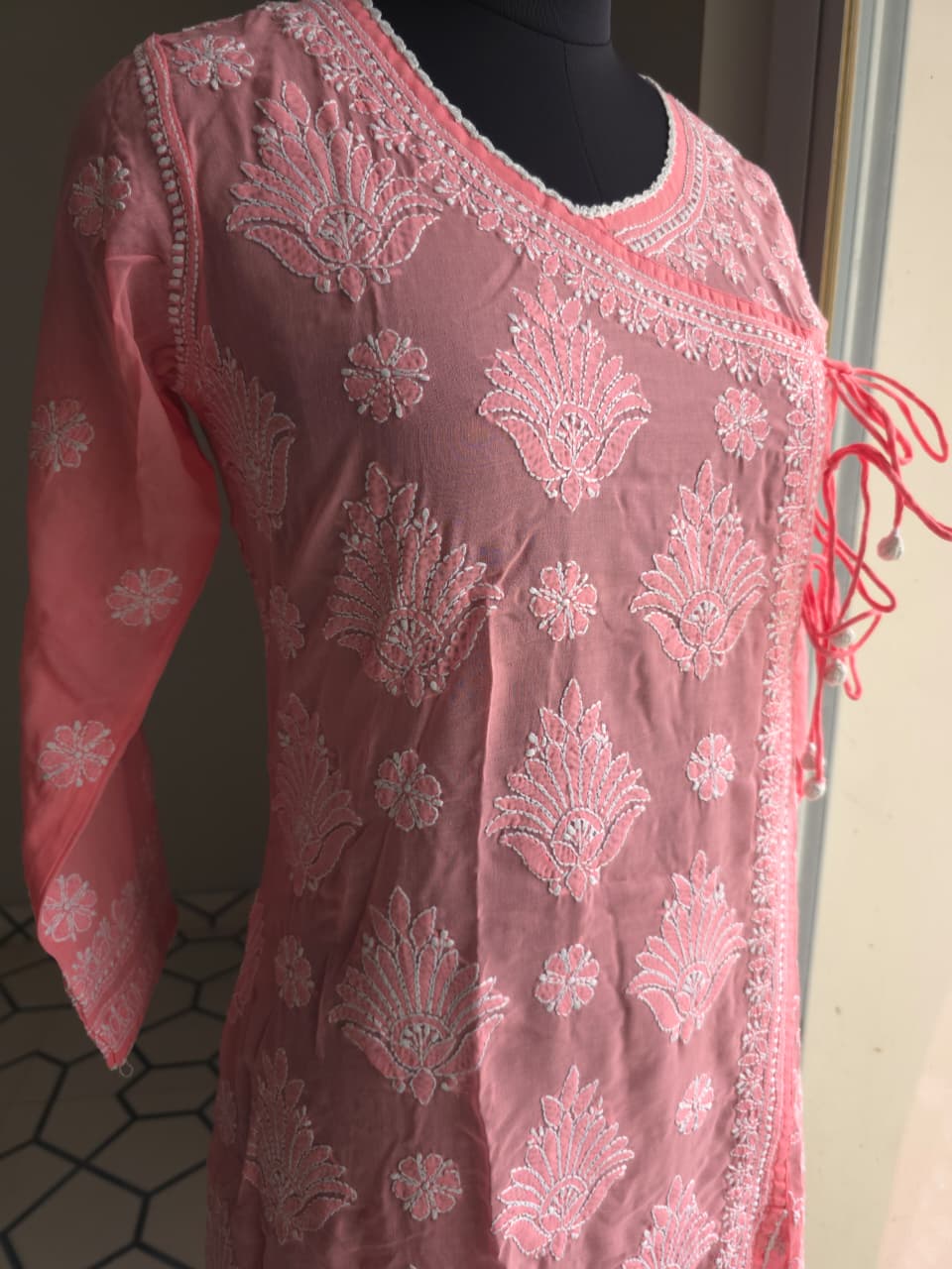 Carrot color A line soft cotton Angarkha with Chikankari