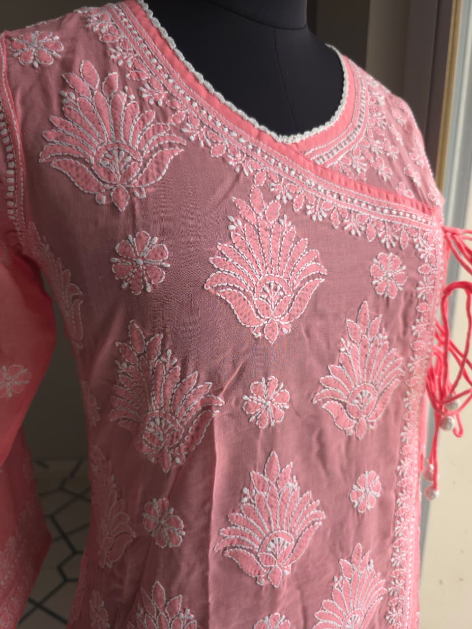 Carrot color A line soft cotton Angarkha with Chikankari