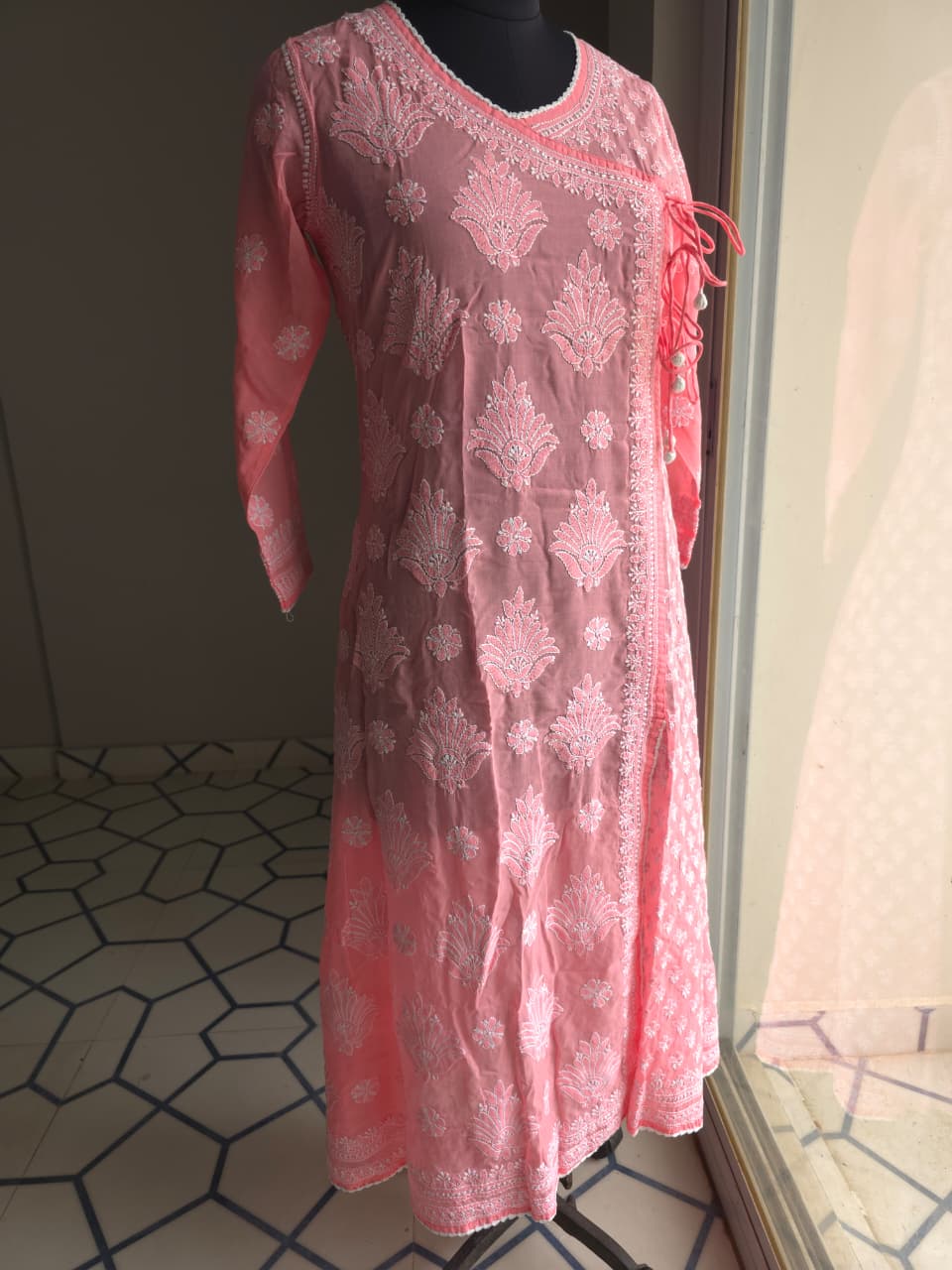 Carrot color A line soft cotton Angarkha with Chikankari