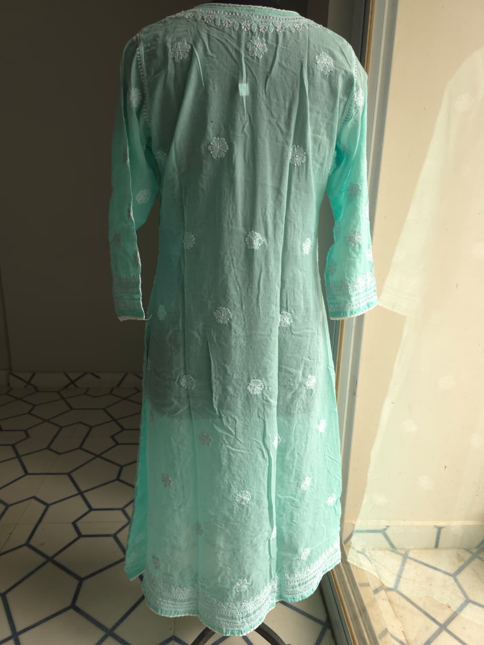 Sea Green A line soft cotton angarkha with chikankari