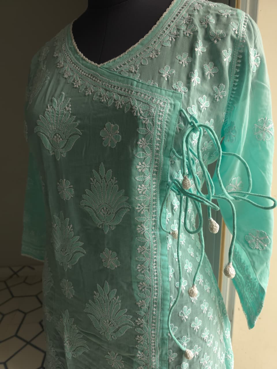 Sea Green A line soft cotton angarkha with chikankari