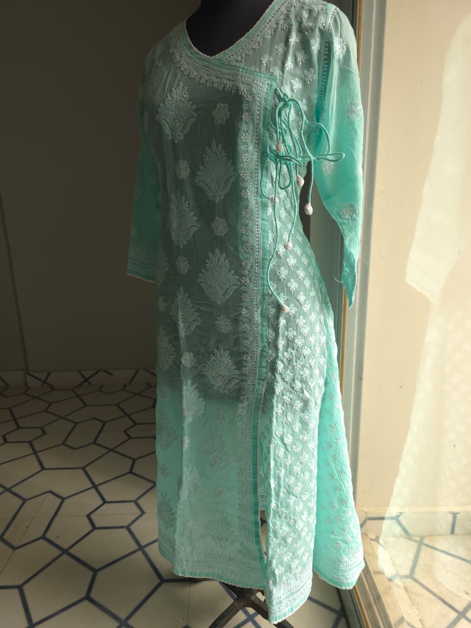 Sea Green A line soft cotton angarkha with chikankari