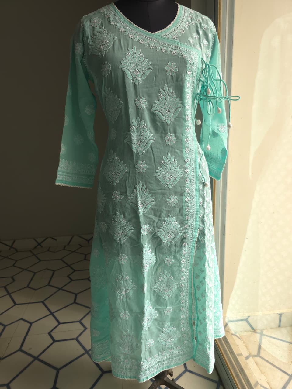 Sea Green A line soft cotton angarkha with chikankari